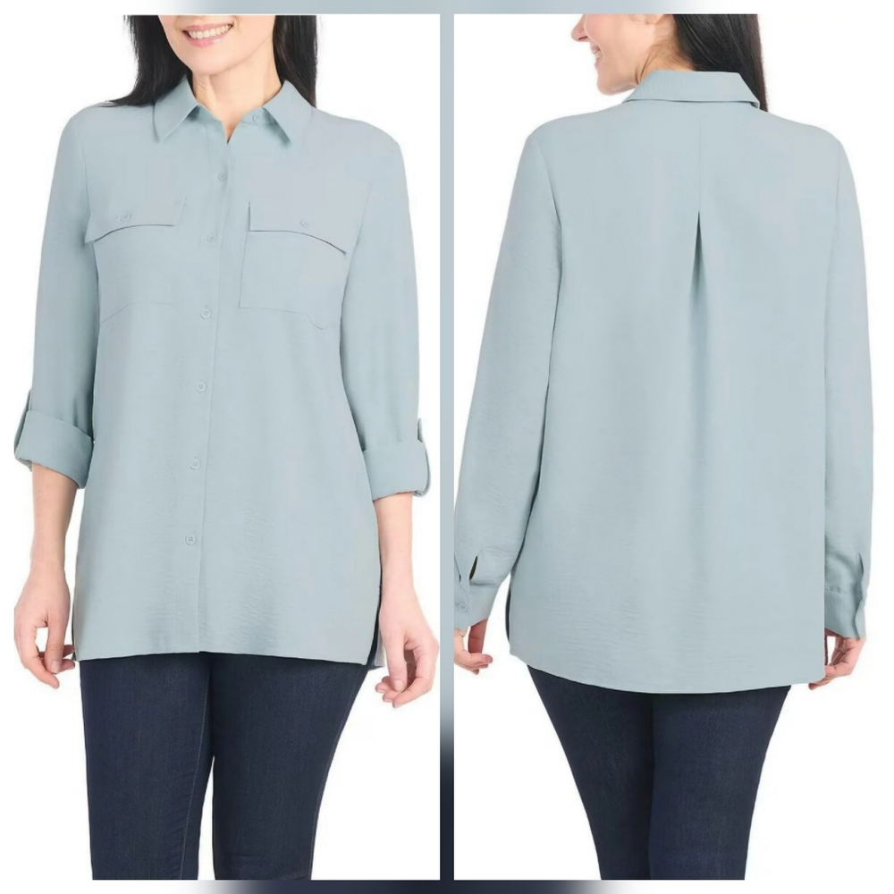 NWT Hilary Radley Light Blue Women's Button-Front Long-Sleeve Blouse Sz Large